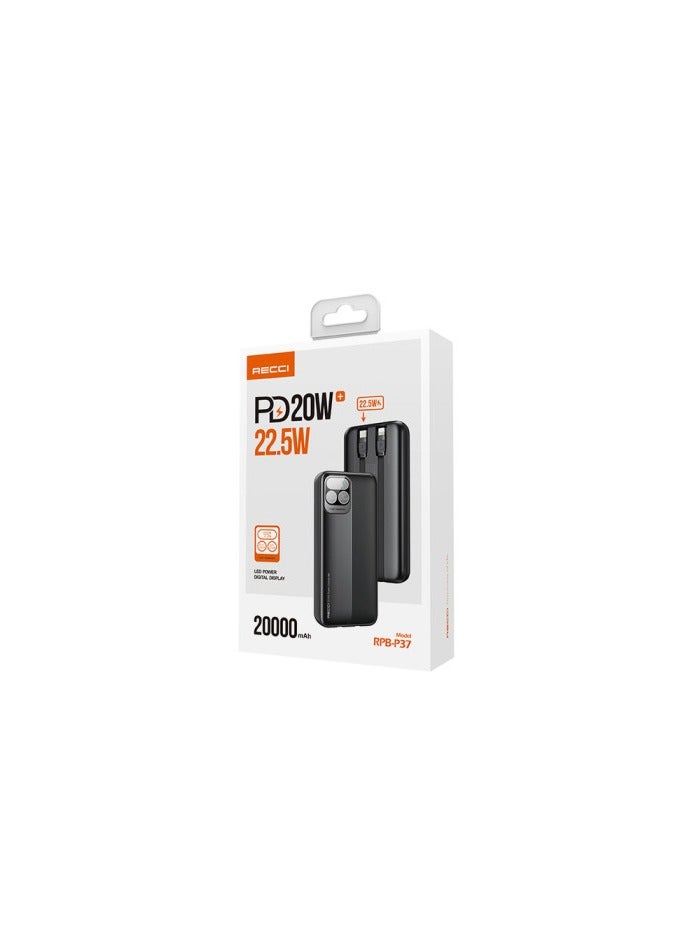 بنك الطاقة RECCI RPB-P37 22.5W + PD20W 20000MAH (مدمج من النوع C + كابل Lightning) - أسود