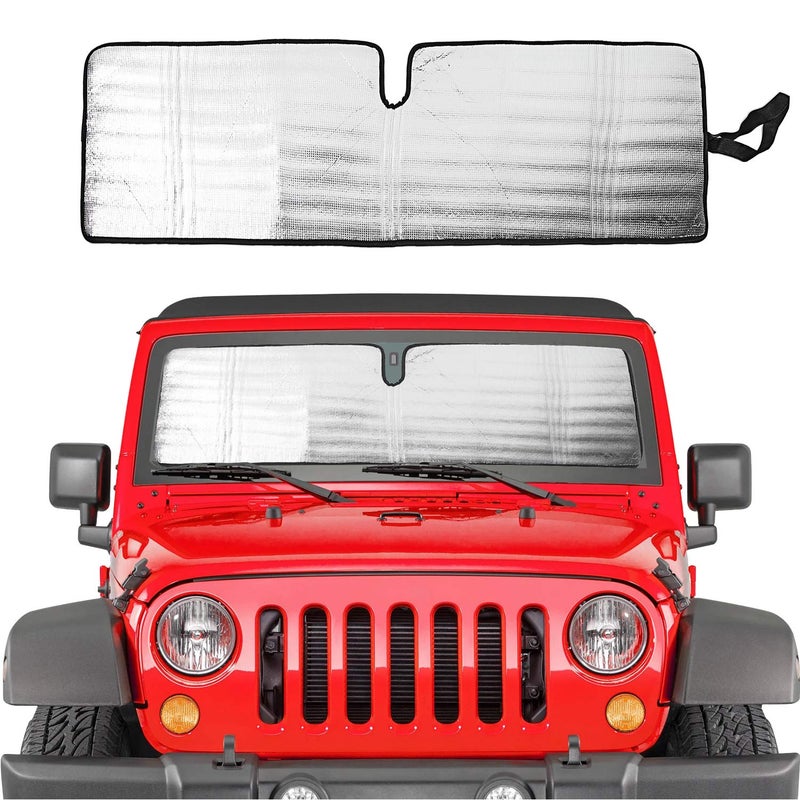 Savadicar Windshield Sun Shade for 1997-2018 Jeep Wrangler TJ JK JKU, Sunshades Heat Shield, Aluminum Foil Triple Laminate Structure, Silver - Image 1