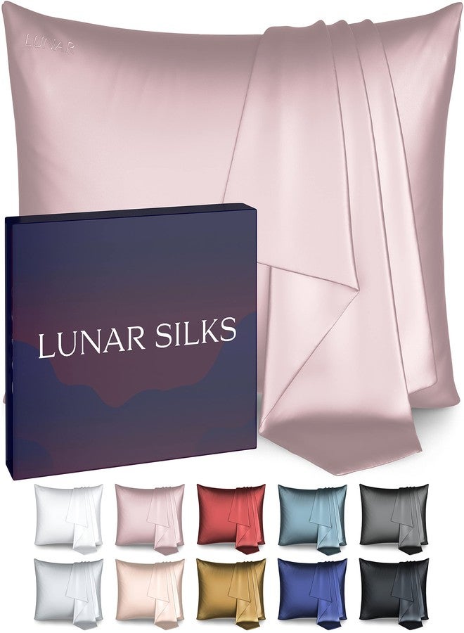 Lunar Silks لونار سيلكس، غطاء وسادة من حرير التوت الطبيعي النقي 100% من الدرجة 6A، 22 مومي (على كلا الجانبين) للشعر والبشرة - خالٍ من حب الشباب - قطعة واحدة في علبة هدايا (وردي روزبد، مقاس كوين) - Image 1