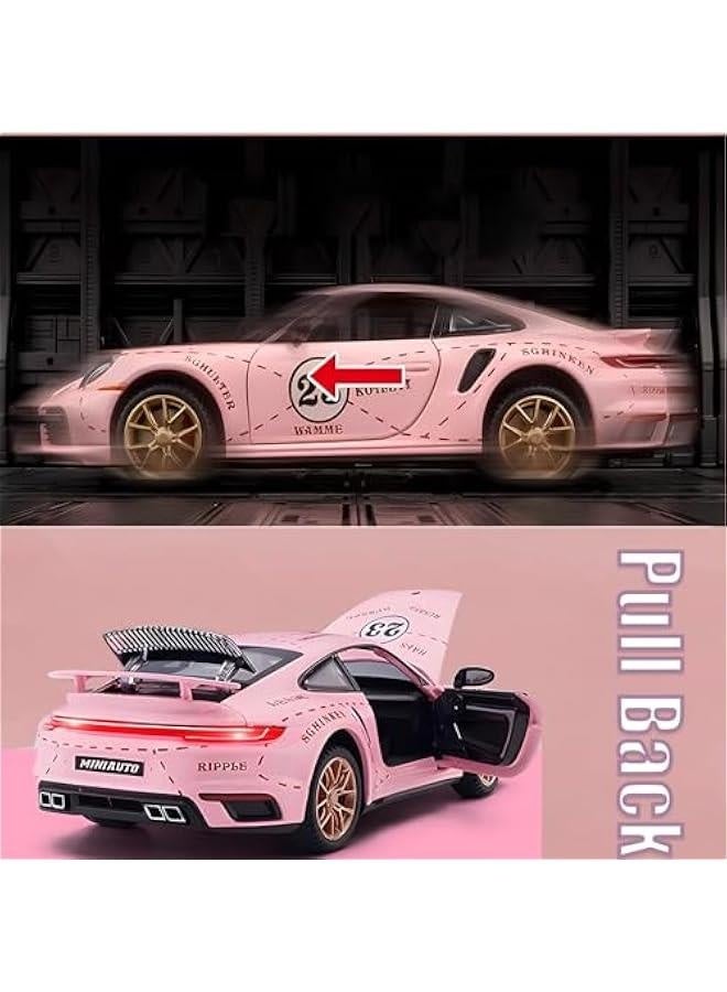 Toy Car Model Porsche 911 Turbo S Car Ornaments, Alloy Diecast Car Toy with Display Base, Pull Back Car Toys with Light & Sound for Kids Age 4-8 Girls Gift Pink - Image 4