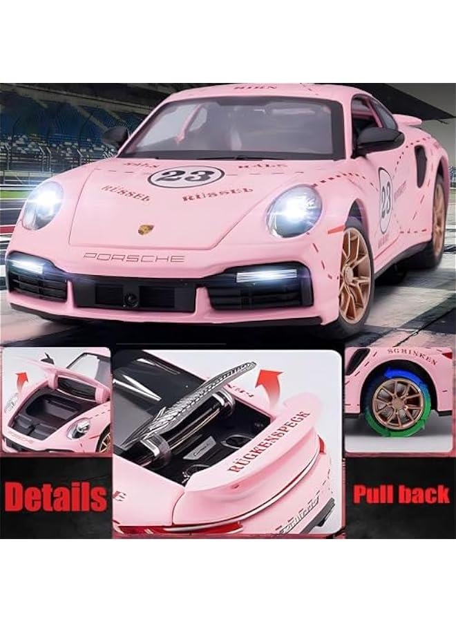 Toy Car Model Porsche 911 Turbo S Car Ornaments, Alloy Diecast Car Toy with Display Base, Pull Back Car Toys with Light & Sound for Kids Age 4-8 Girls Gift Pink - Image 3