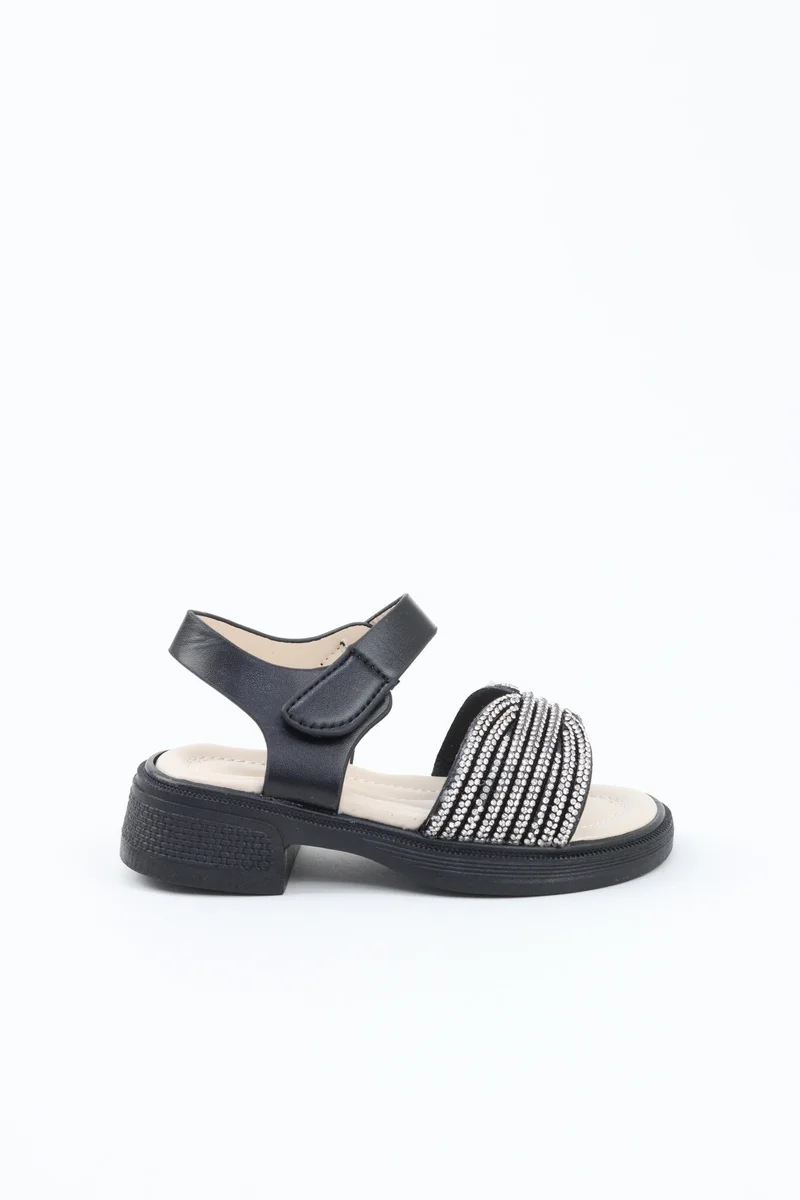 فيني صندل فيني للبنات بكعب عريض مرصع بالكريستال – صندل أنيق للمناسبات والحفلات والأعراس للبنات، بكعب منخفض مريح، مثالي للإطلالات الخاصة (أسود، وردي، أبيض، بيج).