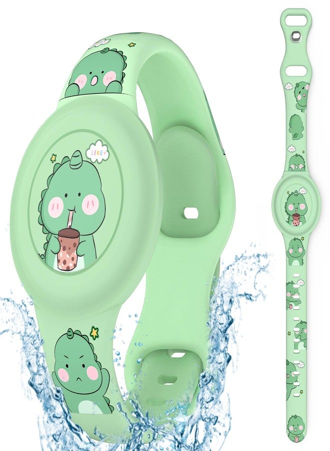 Ekoonpft for Airtag Watch Bracelet Waterproof Kids,Compatible with Airtag (1st & 2nd Gen) for Kid with Soft Silicone Full Coverage Anti-Lost Hidden Wristband for Boys Girlys - Green Boba Tea Dinosaur - Image 1