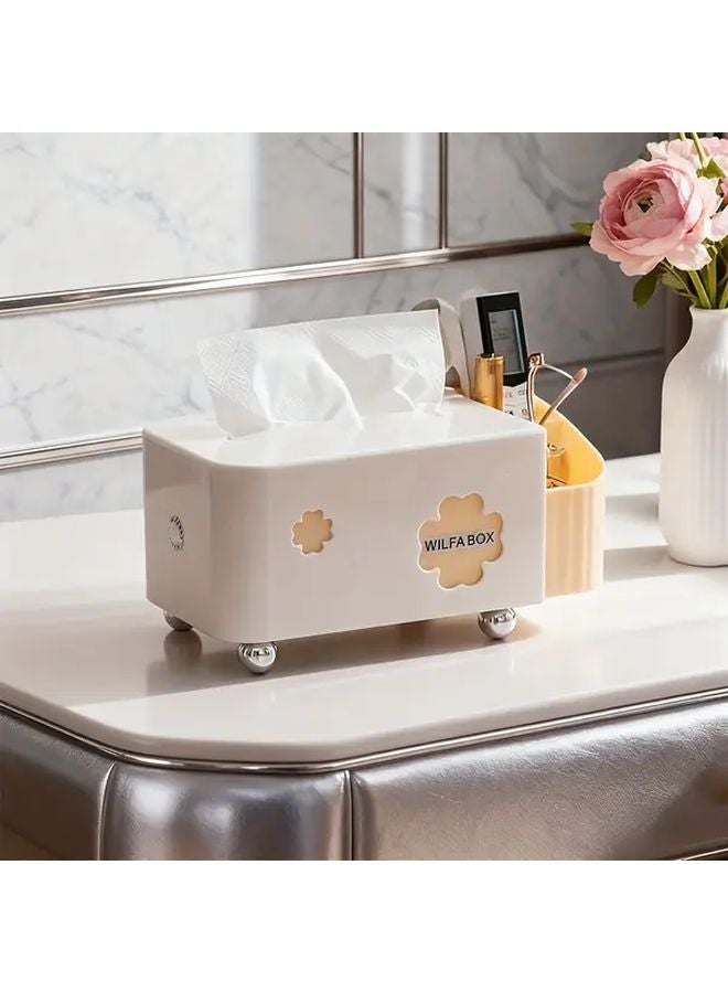 صندوق مناديل كريمي أبيض ثنائي الوظيفة مع أقسام تخزينية وغطاء شفاف - Image 1
