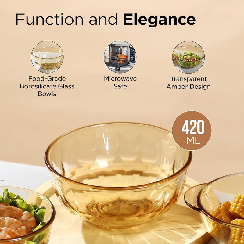 Kuber Industries Set of 4 Borosilicate Glass Bowls | 420 ml Each | Microwave Safe | Scratch Resistant | Serving & Mixing Bowls for Kitchen | Round | Transparent | Yellow - Image 3