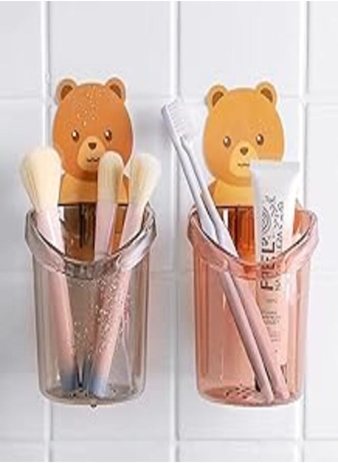 wolpin - Wolpin Toothbrush Holder (Set of 2 Pcs) Plastic Stand for Toothpaste, Comb, Brush, Cream, Lotion Kids Bathroom Cup Drain Waterproof Self-Adhesive, Teddy Bear - Image 1