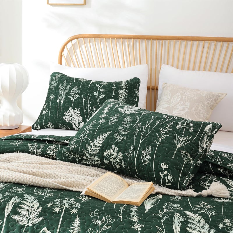 JANZAA Quilts Queen Size Emerald Green Floral Queen Quilt Bedding Set Microfiber Boho Bedspread Lightweight Reversible Coverlet 1 Quilt 90x90 inches with 2 Pillow Cases - Image 3