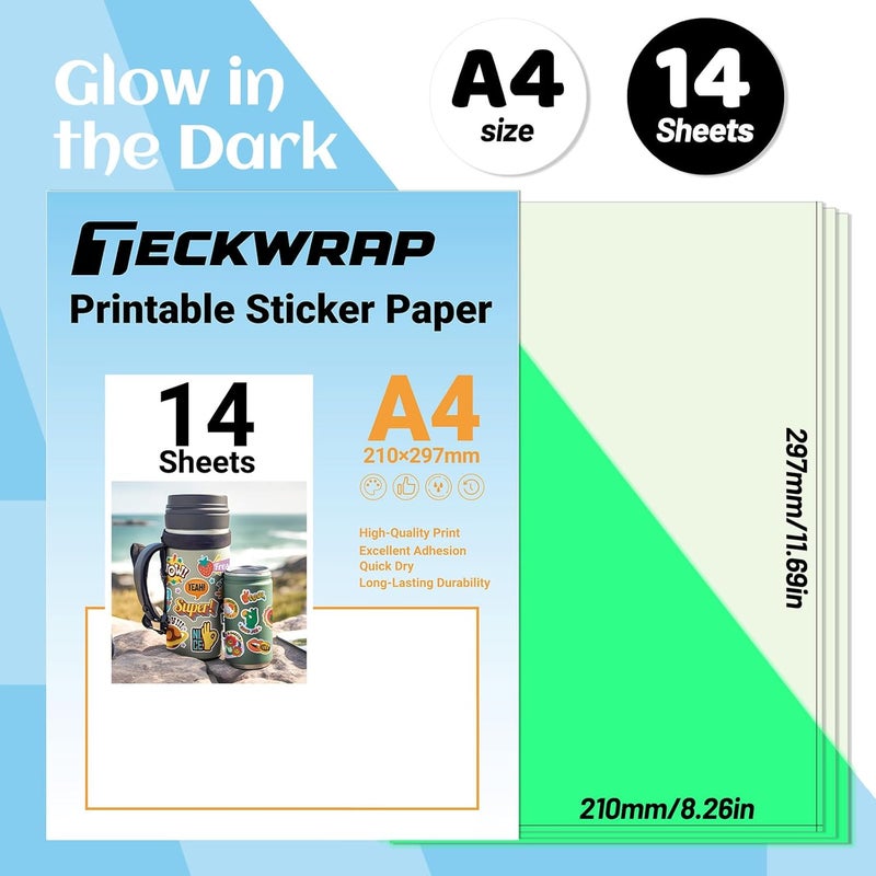 TECKWRAP ورق ملصقات فينيل قابل للطباعة لطابعة الحبر النفاث - مضيء في الظلام، مقاوم للماء، حجم A4 (8.26 × 11.69 بوصة) - 14 ورقة للحرف اليدوية وسجل القصاصات والقواطع - Image 2