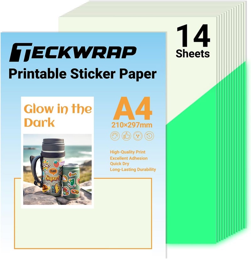TECKWRAP ورق ملصقات فينيل قابل للطباعة لطابعة الحبر النفاث - مضيء في الظلام، مقاوم للماء، حجم A4 (8.26 × 11.69 بوصة) - 14 ورقة للحرف اليدوية وسجل القصاصات والقواطع - Image 1