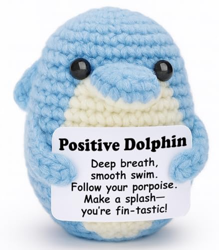 Weming Positive Encouragement Mini Crochet Dolphin Plush with Message Sign Handmade 4inch FinTastic Pun Kawaii Desk Shelf Decor YearRound Uplift - Image 1