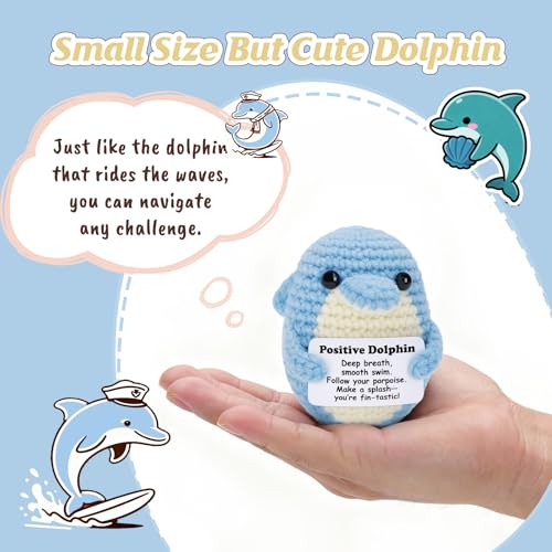 Weming Positive Encouragement Mini Crochet Dolphin Plush with Message Sign Handmade 4inch FinTastic Pun Kawaii Desk Shelf Decor YearRound Uplift - Image 5