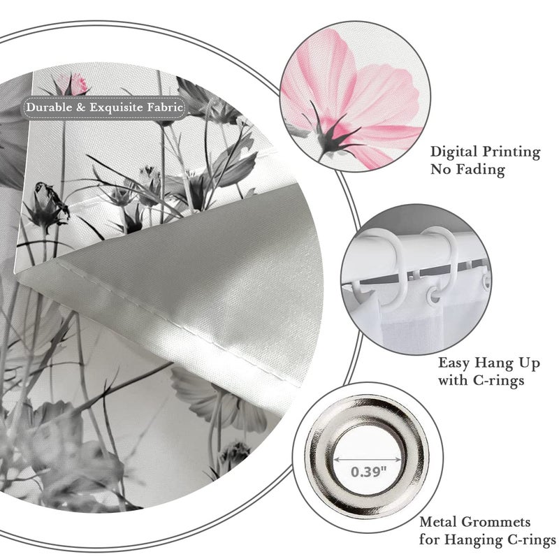 Kikiry Pink Gray Shower Curtain 60''W x 72''L White Grey Flowers Wildflower Daisy Floral Ink Painting Botanical Simple Elegance Bathroom Curtains Polyester Fabric 12 Pack Plastic Hooks - Image 2