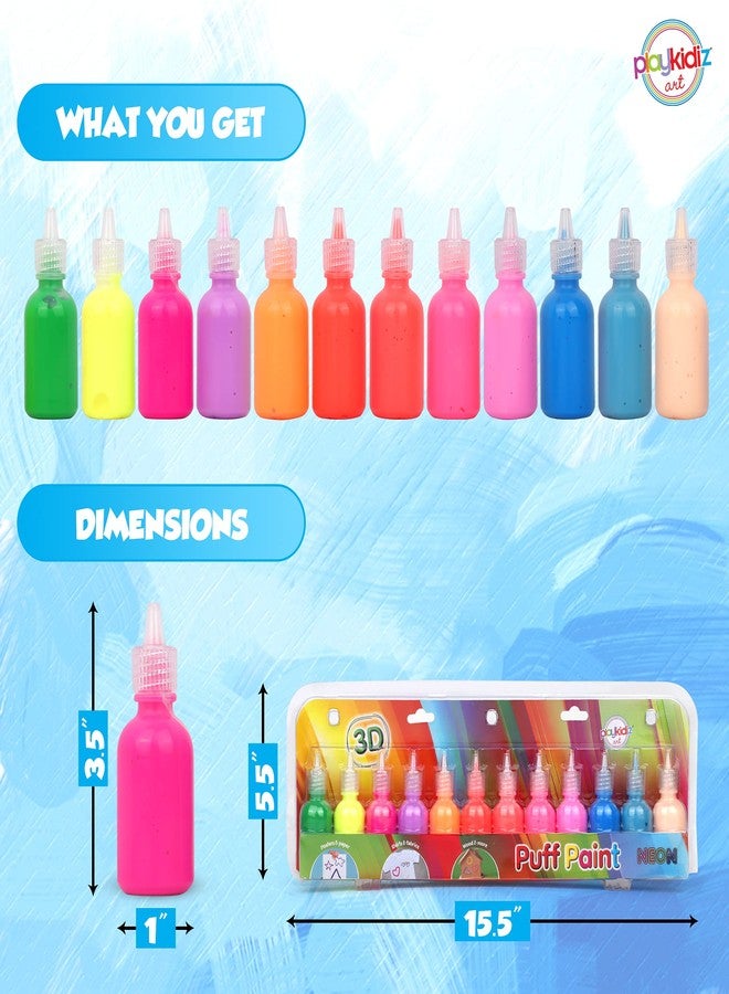 Playkidiz Puff Paint, 12 Pack 3-D Fabric Paint, Neon Colors, Permanent Non-toxic Paint Set for Kids, Ages 3+ - Image 4