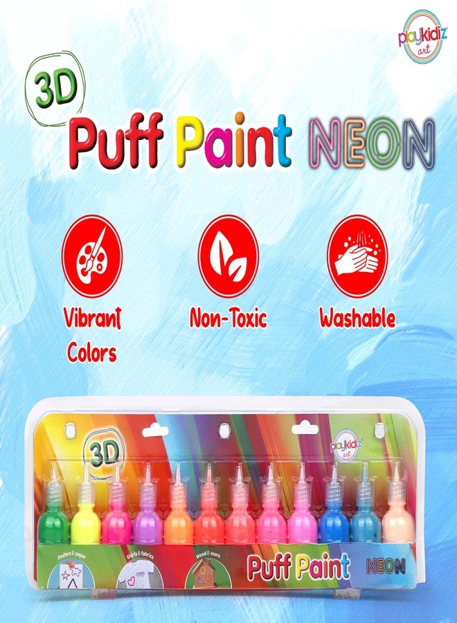 Playkidiz Puff Paint, 12 Pack 3-D Fabric Paint, Neon Colors, Permanent Non-toxic Paint Set for Kids, Ages 3+ - Image 2