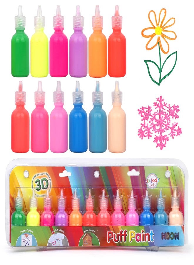 Playkidiz Puff Paint, 12 Pack 3-D Fabric Paint, Neon Colors, Permanent Non-toxic Paint Set for Kids, Ages 3+ - Image 1