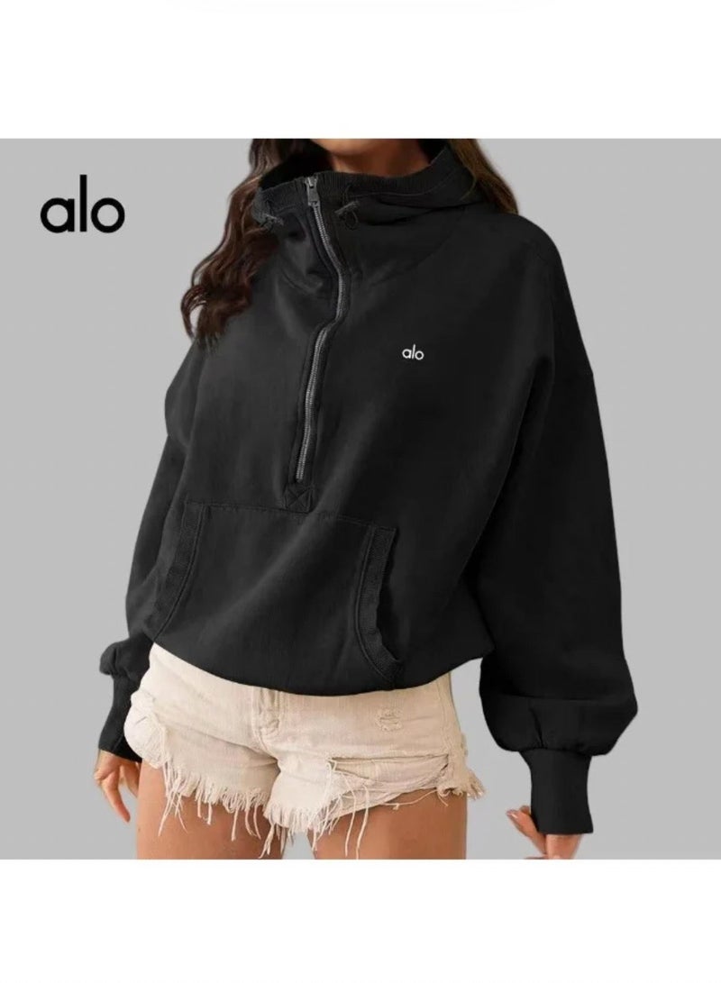 ألو يوغا alo same color hoodie, zipper sweatshirt, drawstring long sleeved jacket, sporty style, slim fit, yoga hoodie - Image 2