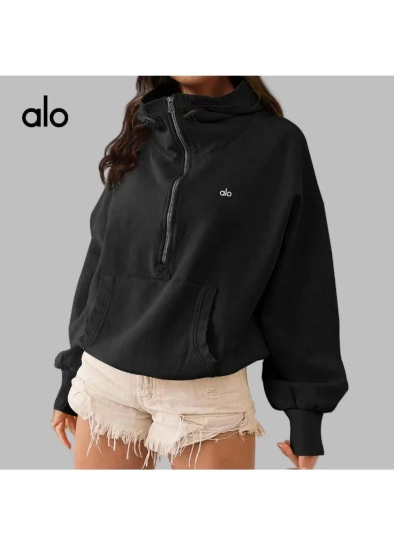 ألو يوغا alo same color hoodie, zipper sweatshirt, drawstring long sleeved jacket, sporty style, slim fit, yoga hoodie - Image 1