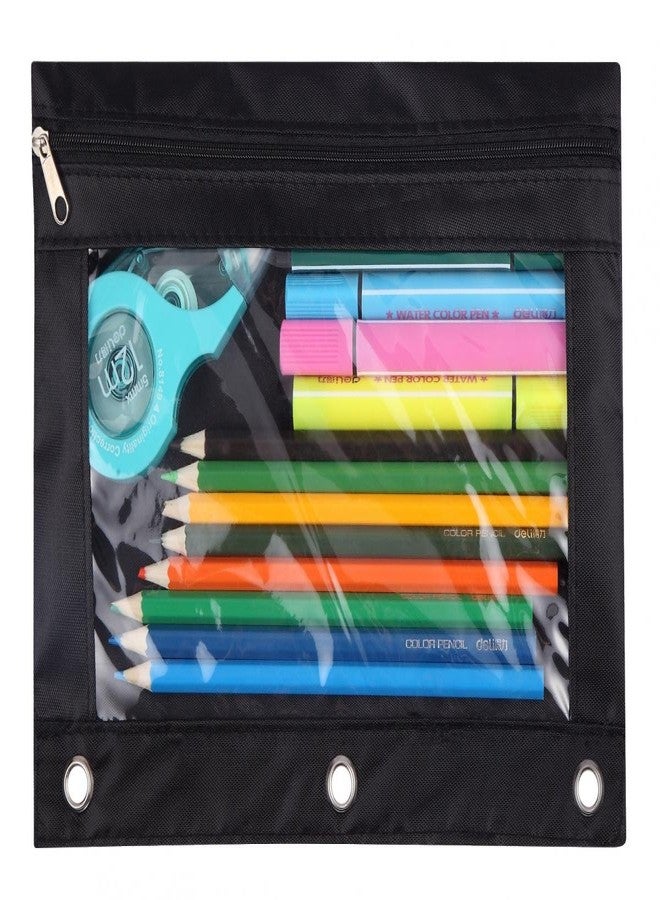 WODISON 3-Ring Pen Pencil Pouch with Clear Window Stationery Bag Binder Case Classroom Organizers Black - Image 1