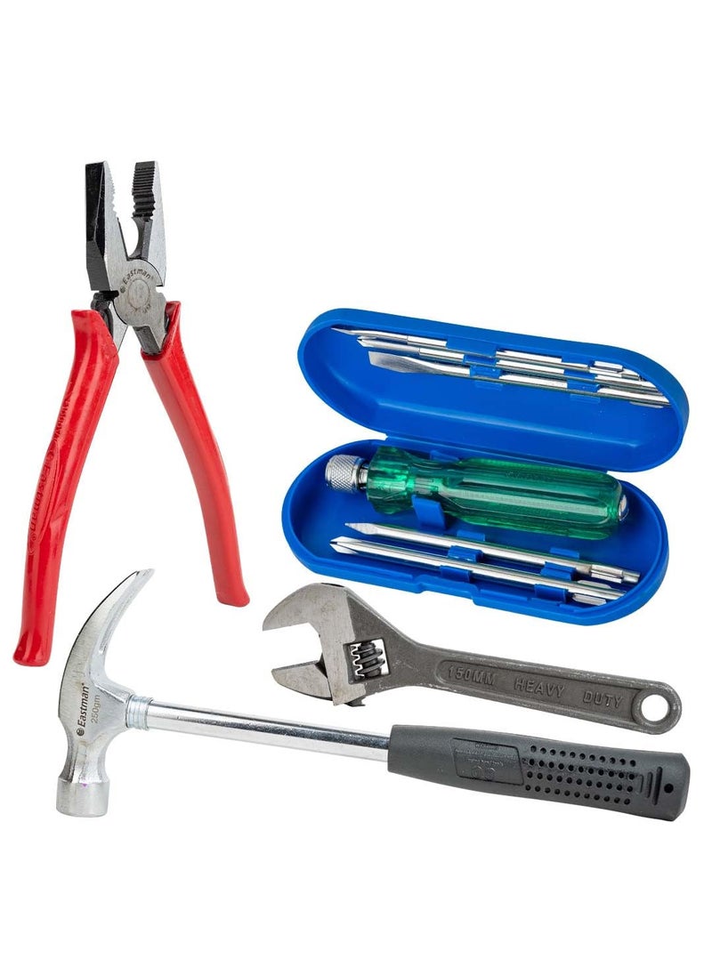 Eastman Eastman Tool Kit Set Combo Pack of 4 Adjustable Wrenches 1Pcs 6150 Mm Combination Plier 1Pcs 8200 Mm and Screwdrivers Set Of 6 PcsClaw Hammer 1LB 1PcsSet of 9 pcs Tool kit  - Image 1