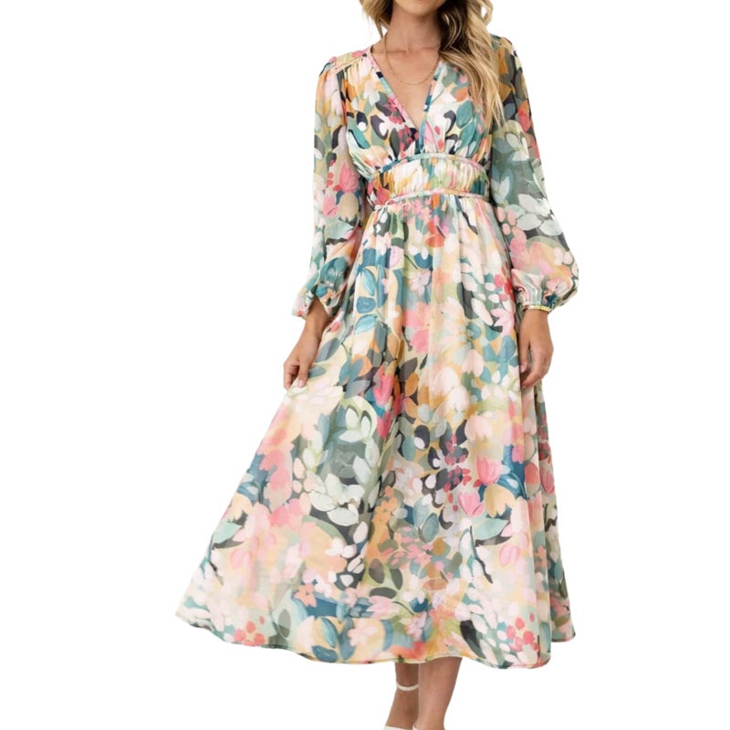 LOZ Women's Long Sleeve Spring Dresses 2026 V-Neck Puff Sleeve Multicolor Floral Dresses Elegant Wedding Guest Maxi Dress - Image 1