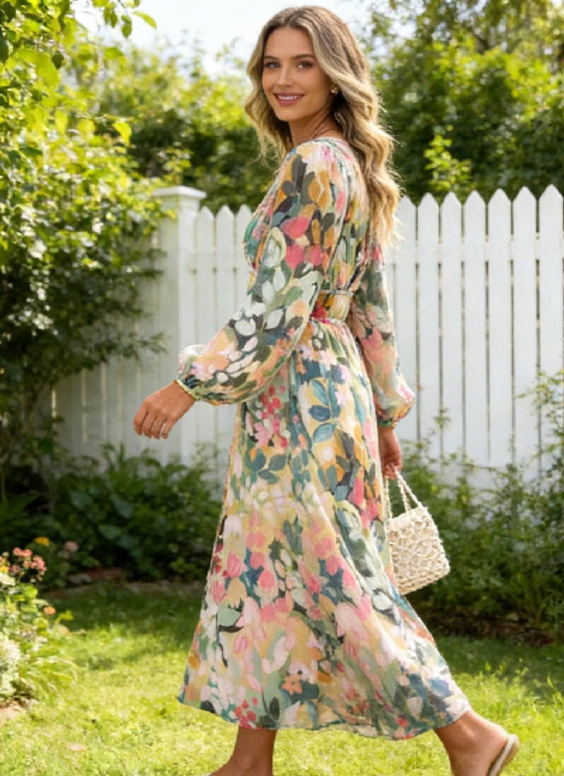 LOZ Women's Long Sleeve Spring Dresses 2026 V-Neck Puff Sleeve Multicolor Floral Dresses Elegant Wedding Guest Maxi Dress - Image 3