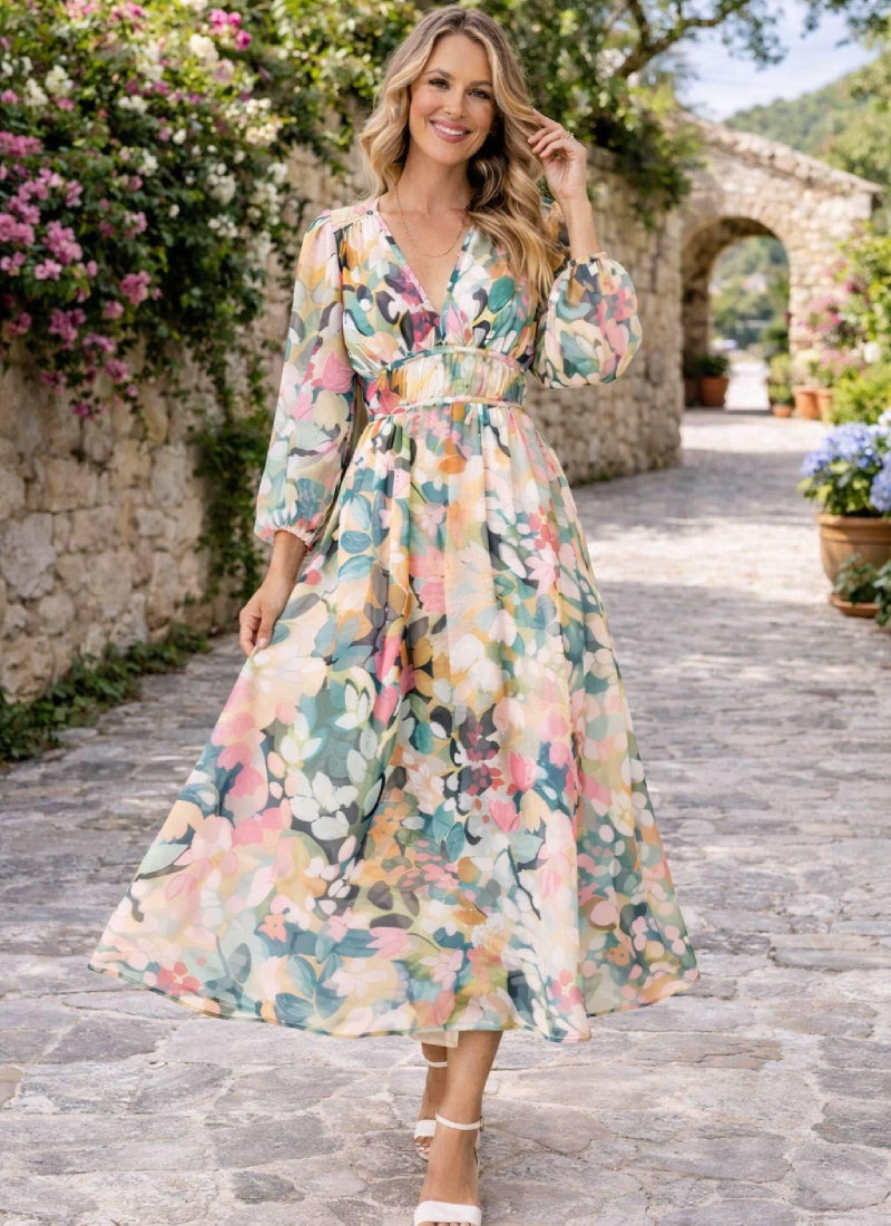 LOZ Women's Long Sleeve Spring Dresses 2026 V-Neck Puff Sleeve Multicolor Floral Dresses Elegant Wedding Guest Maxi Dress - Image 2