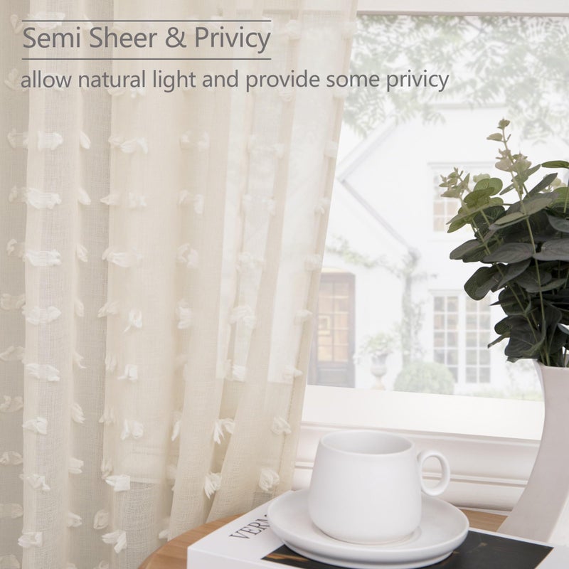 DANCURTON Beige Sheer Curtains 63 Inch Length for Bedroom Living Room Kids Nursery Window Pompom Design Country Rustic Farmhouse Boho Cute Semi Sheer Curtain Modern Elegant Back Tab 2 Panels 52x63 Light Beige - Image 4