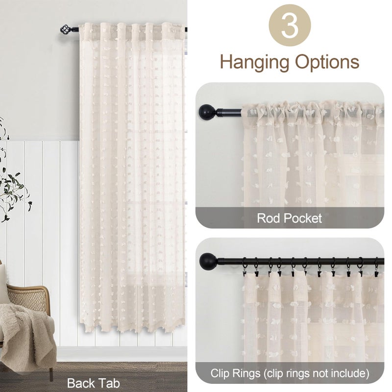 DANCURTON Beige Sheer Curtains 63 Inch Length for Bedroom Living Room Kids Nursery Window Pompom Design Country Rustic Farmhouse Boho Cute Semi Sheer Curtain Modern Elegant Back Tab 2 Panels 52x63 Light Beige - Image 5