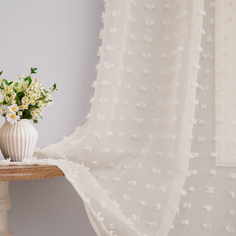 DANCURTON Beige Sheer Curtains 63 Inch Length for Bedroom Living Room Kids Nursery Window Pompom Design Country Rustic Farmhouse Boho Cute Semi Sheer Curtain Modern Elegant Back Tab 2 Panels 52x63 Light Beige - Image 1