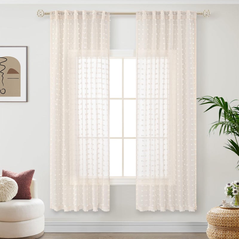 DANCURTON Beige Sheer Curtains 63 Inch Length for Bedroom Living Room Kids Nursery Window Pompom Design Country Rustic Farmhouse Boho Cute Semi Sheer Curtain Modern Elegant Back Tab 2 Panels 52x63 Light Beige - Image 2