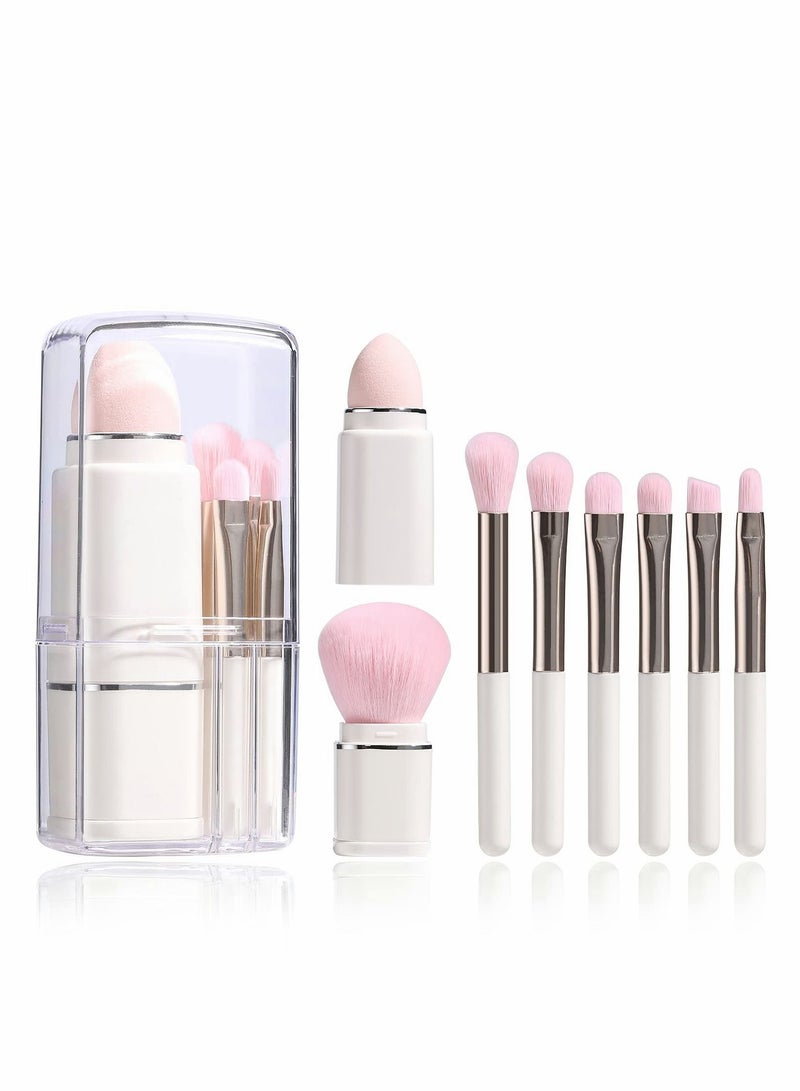 Makeup Brush, 8 in 1 Travel Small Brush Portable Lip Eyeshadow Beauty Sponge, Concealer Brushes, Foundation Blending Powder Brushes Retractable Sets, White - Image 1