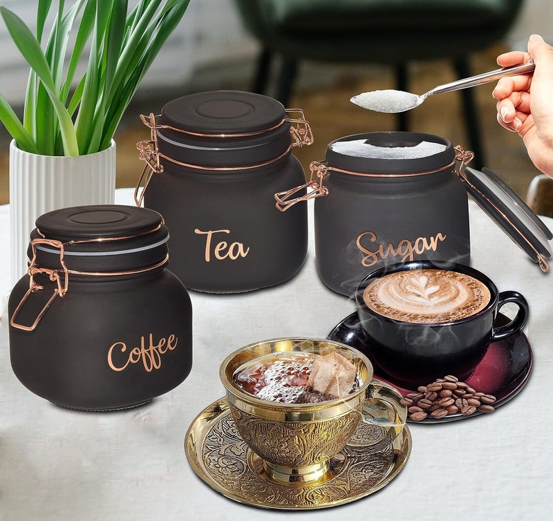 Mivana Black Glass Storage Airtight Tea Coffee Sugar containers for Kitchen Storage Container with Lid for Tea Coffee & Sugar, Dry Fruit Jars, Storage Box, Set of 3 (3, mt-1) - Image 4