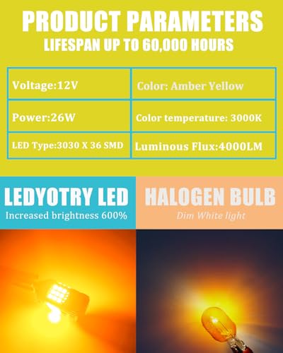 LEDYOTRY 7440 LED Bulb Amber Yellow 4000 Lumens for Turn Signal Lights, CANBUS Error Free, with Built-in Resistor, Anti Hyper Flash 7440NA WY21W T20 7441 W21W Blinker Bulb Replacement (Pack of 2) - Image 4