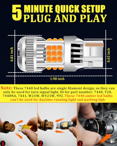 LEDYOTRY 7440 LED Bulb Amber Yellow 4000 Lumens for Turn Signal Lights, CANBUS Error Free, with Built-in Resistor, Anti Hyper Flash 7440NA WY21W T20 7441 W21W Blinker Bulb Replacement (Pack of 2) - Image 3
