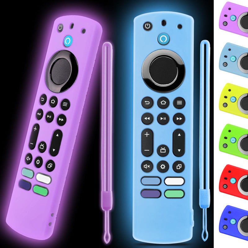 OneBom (2 Pack) ONEBOM Silicone TV Remote Cover, (6.2 Inch*1.5 Inch) Anti Slip Silicone Protective Case with Same Color Lanyard(Glow Blue&Glow Purple) - Image 1