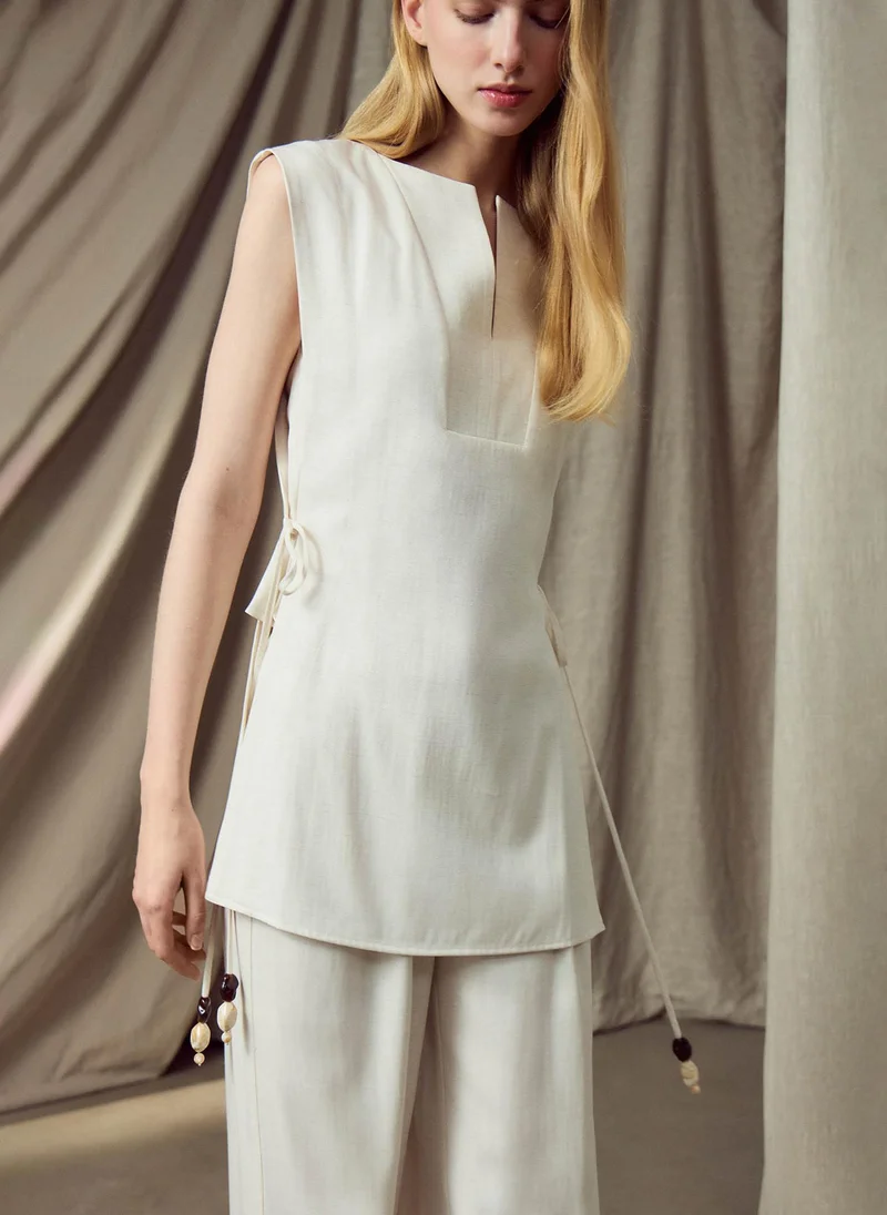 Viscose and linen top with waist ties