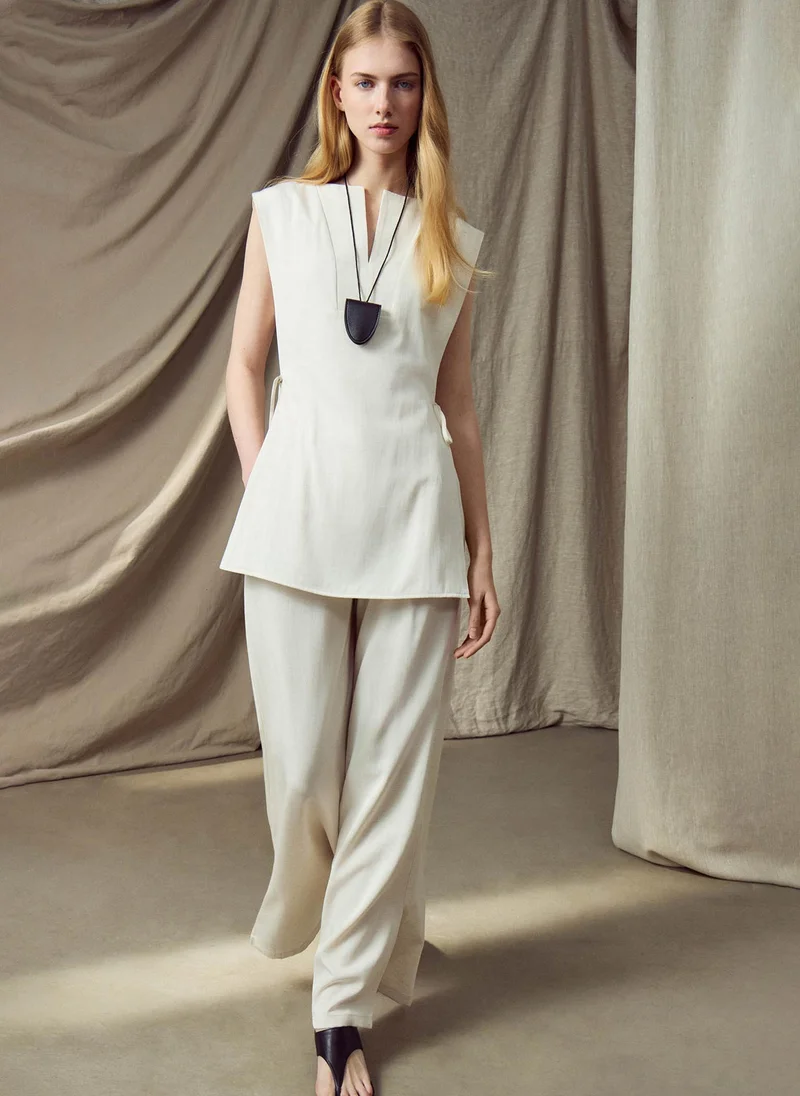 Lichi  Viscose and linen top with waist ties for Women | Best Price UAE