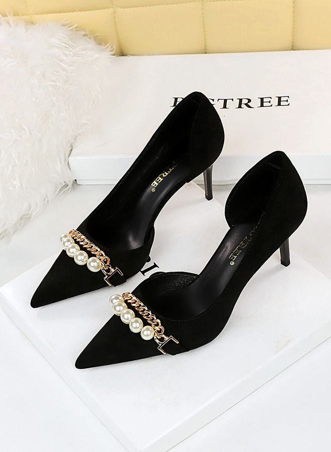 BIGTREE Pointed Pearl Metal Chain High Heels 7CM Black  - Image 1