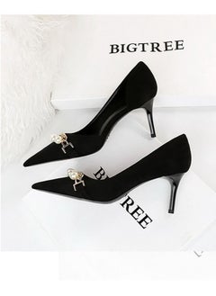 BIGTREE Pointed Pearl Metal Chain High Heels 7CM Black  - Image 3
