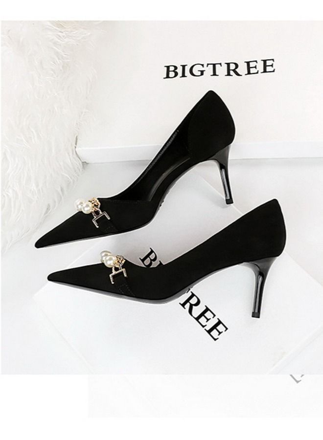 BIGTREE Pointed Pearl Metal Chain High Heels 7CM Black  - Image 3