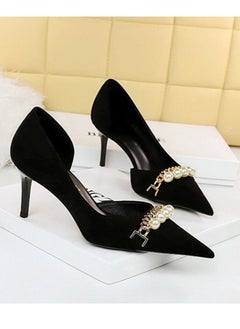 BIGTREE Pointed Pearl Metal Chain High Heels 7CM Black  - Image 2