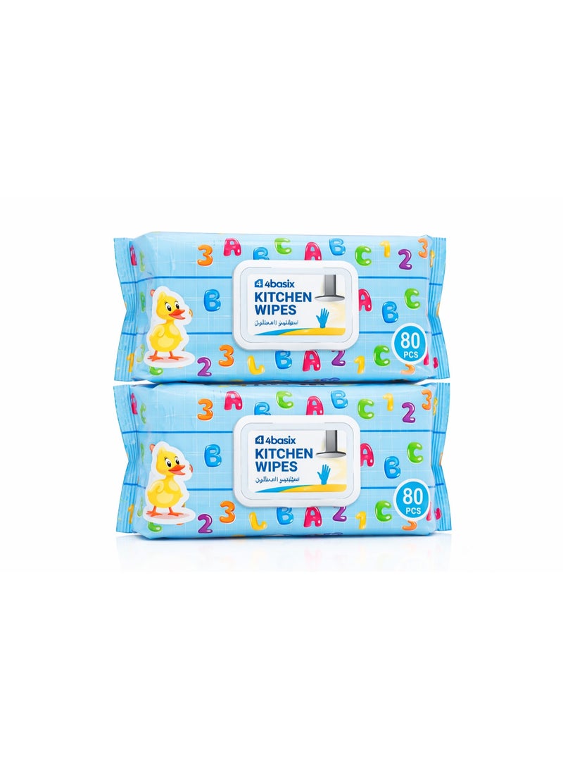 فور بيسكس 4basix Kitchen Cleaning Wipes Lemon Scented 2 Pack (160 Count) - Multipurpose Disposable Wet Wipes for Kitchen Surfaces, Countertops, Stovetops & Appliances – Grease & Stain Remover - Image 1