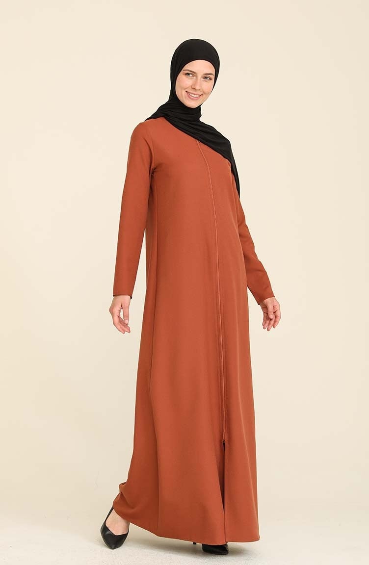 Sefa Merve Zippered Crepe Abaya 3317-03 Brown  - Image 2