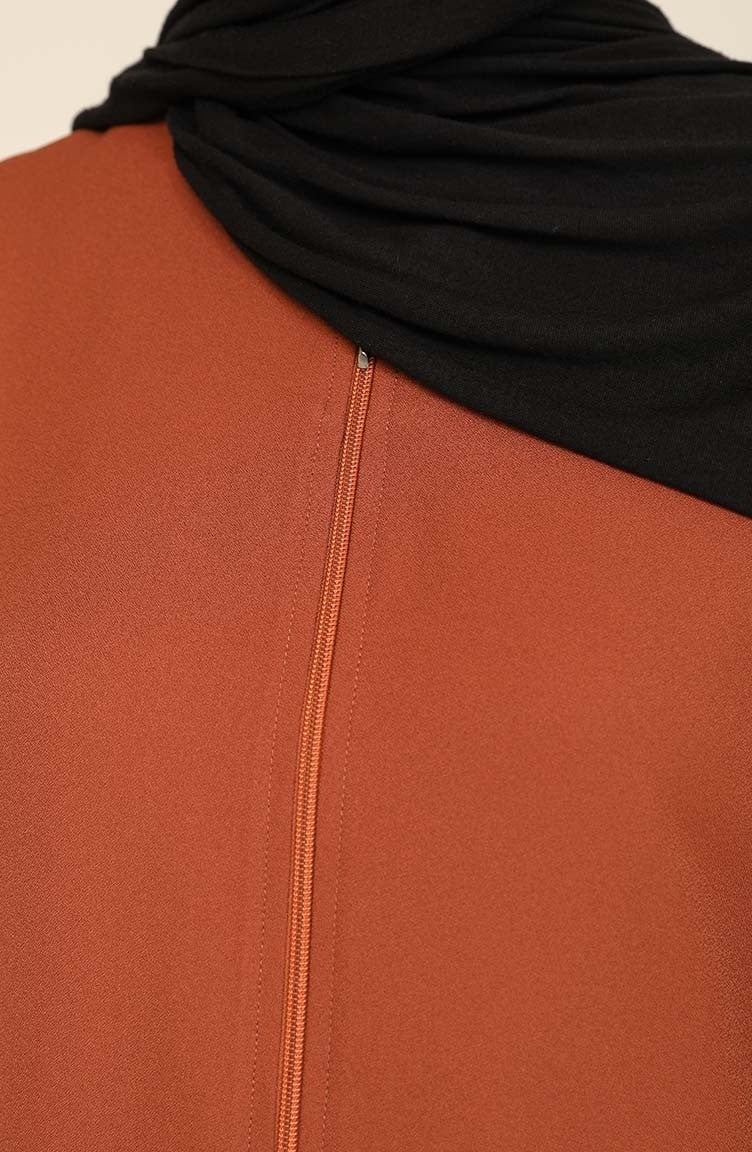 Sefa Merve Zippered Crepe Abaya 3317-03 Brown  - Image 5