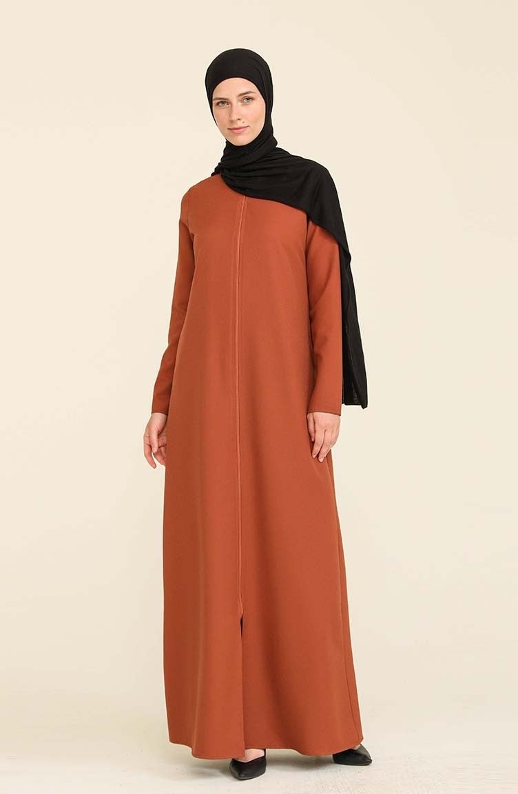 Sefa Merve Zippered Crepe Abaya 3317-03 Brown  - Image 1
