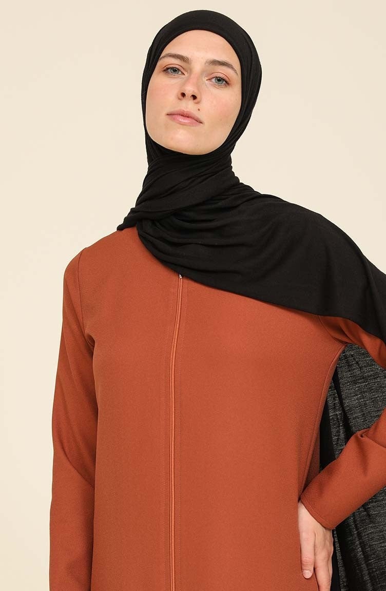 Sefa Merve Zippered Crepe Abaya 3317-03 Brown  - Image 4