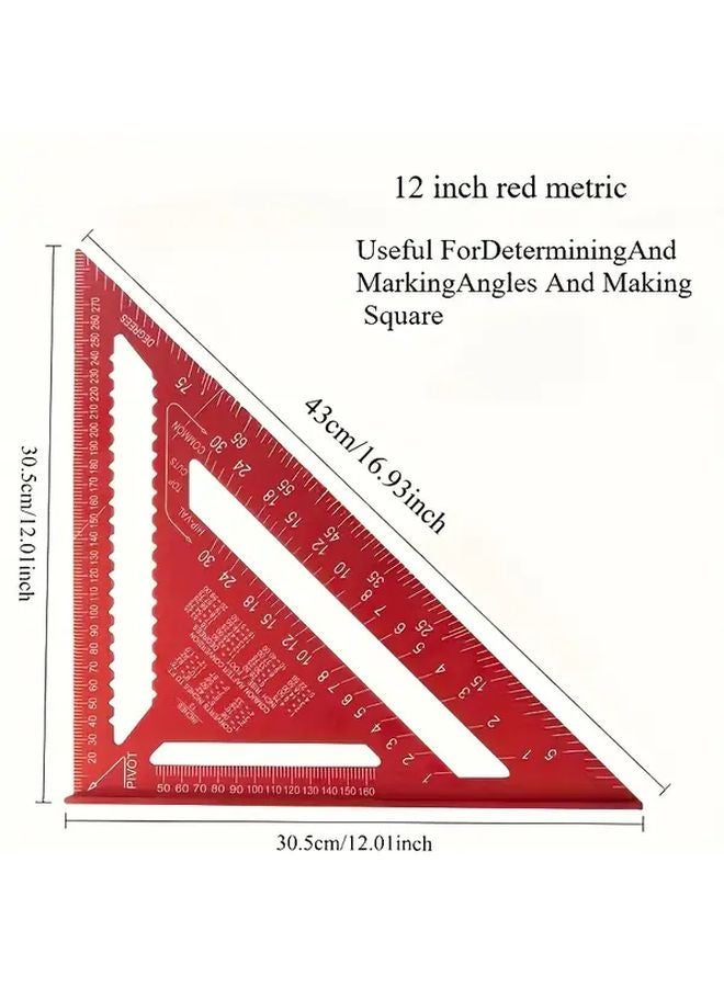 Red 12 Inch Aluminum Triangle Square Metal Angle Protractor for Woodworking DIY - Image 1