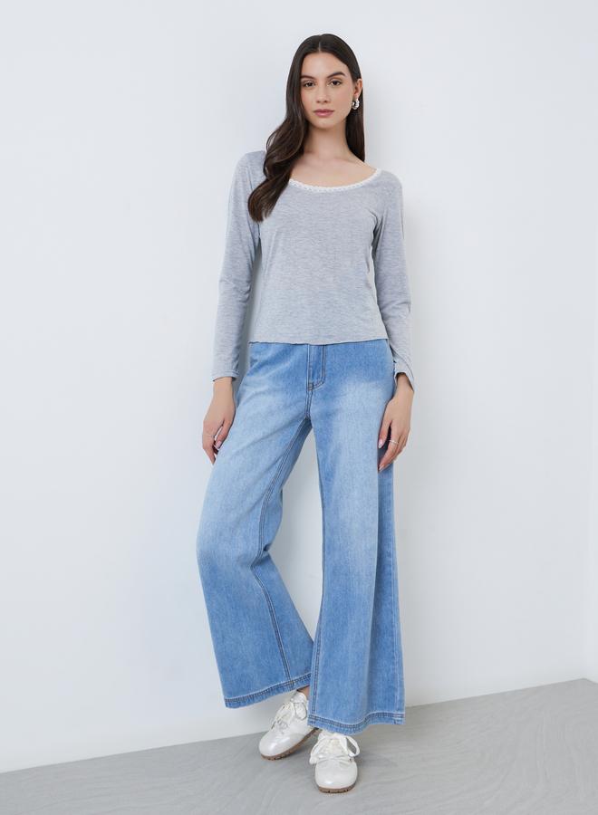 Take Two Solid Wide Neck Lace Detail Knitted Top - Image 2