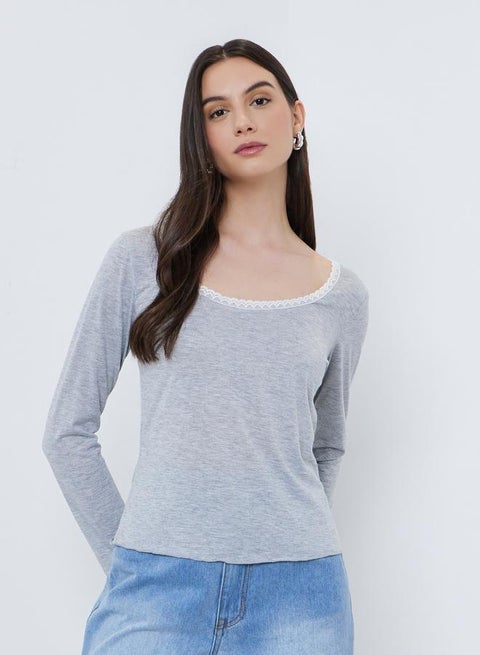 Take Two Solid Wide Neck Lace Detail Knitted Top