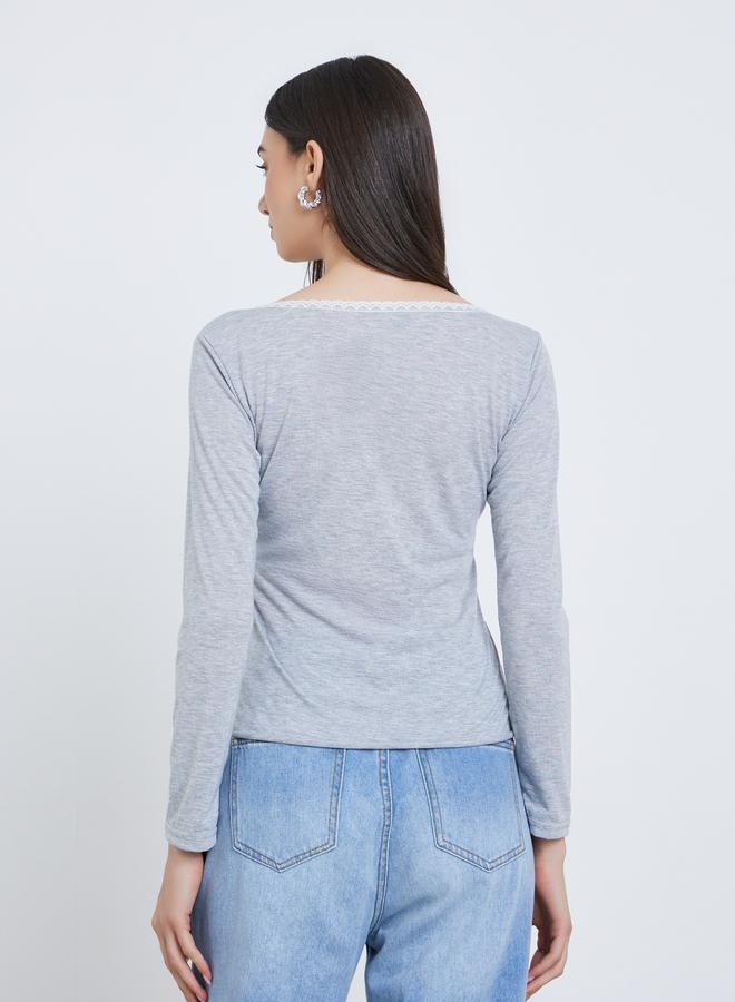 Take Two Solid Wide Neck Lace Detail Knitted Top - Image 4